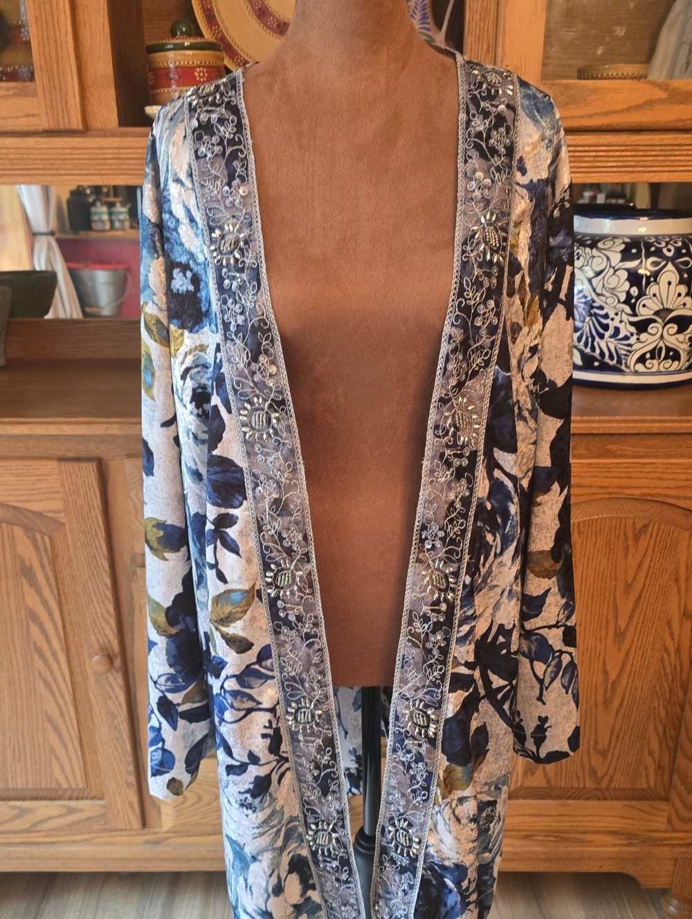 Susan Graver Artisian Embroidered Floral Open-Front Cardigan in Blue and Cream